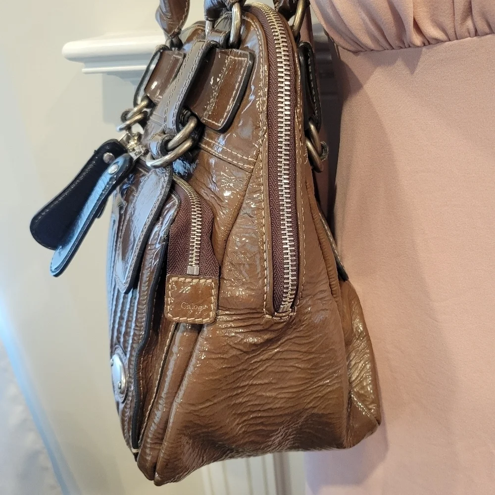 Chloe Bay Quilted Patent Leather Satchel Bag.